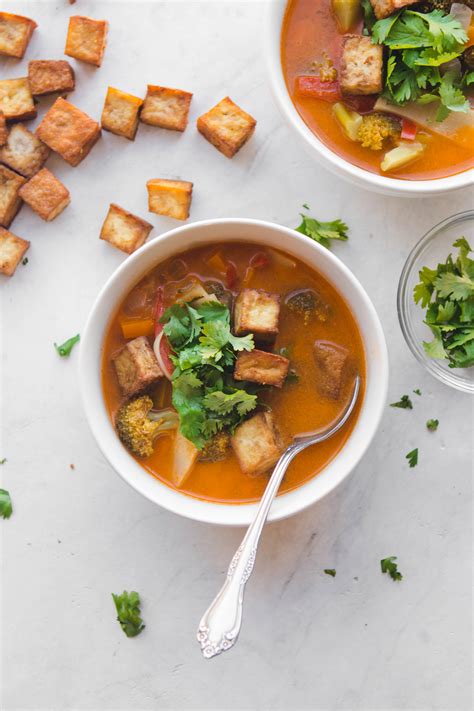 Thai Red Curry Vegetable Soup With Crispy Tofu From My Bowl