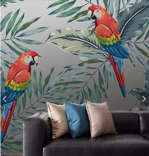 3d Murals Tropical Leaves Parrot Wallpaper Mural For Living Room Wall
