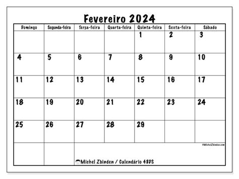 Calendário De Fevereiro De 2024 Para Imprimir “48sd” Michel Zbinden Mo