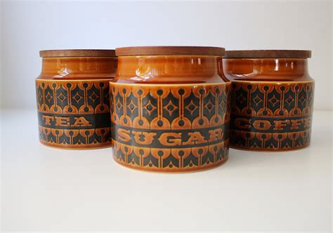 3 Hornsea Heirloom 1970s Ceramic Kitchen Containers Cannisters In Brown