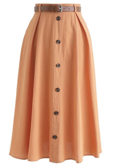 buttoned belted a line midi skirt in orange midi skirt fashion design clothes skirts