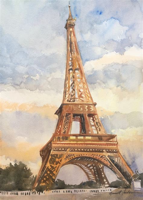 Eiffel Tower Original Watercolor Paris France Sunset Orange Blue