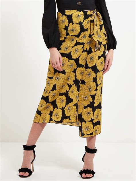 Shein Knot Waist Contrast Stitch Trim Floral Wrap Skirt Womens Skirt