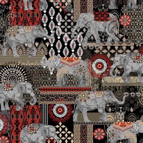 Timeless Treasures Novelties C4711 Black Caravan Elephant Suzani $11.20/yd