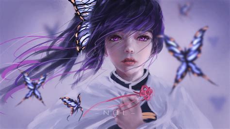Demon Slayer Kanao Tsuyuri With Purple Eyes Near Flying Butterflies Hd