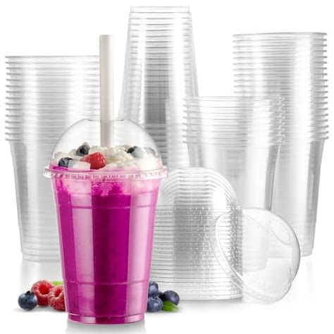 100 Pack 16 Oz Clear Plastic Cups With Dome Lids Disposable Iced