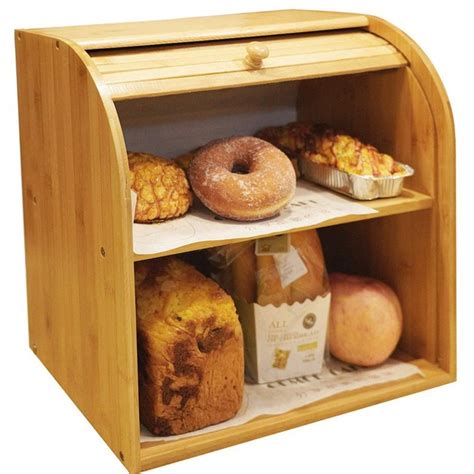 Bamboo Bread Box 2 Layer Bread Bin For Kitchen Large Capacity Wooden