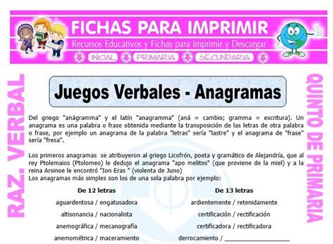 Juegos Verbales Para Quinto De Primaria Fichas Para Imprimir