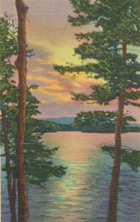 Vintage Linen Postcard Of Beautiful Lake Scene At Sunset Circa 1940