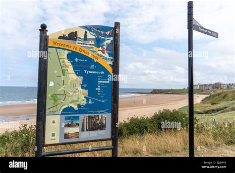 Tynemouth Uk Map On A Sign Beside The Long Sands Beach With A Sea