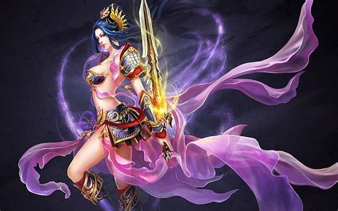 Hd Wallpaper Fantasy Women Warrior Blue Hair Purple Sword Woman