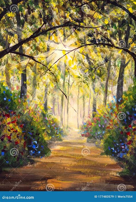 Sunny Forest Wood Trees Original Oil Painting Road In Sun Summer