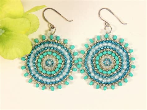 Turquoise And Silver Seed Bead Hoop Earrings E By