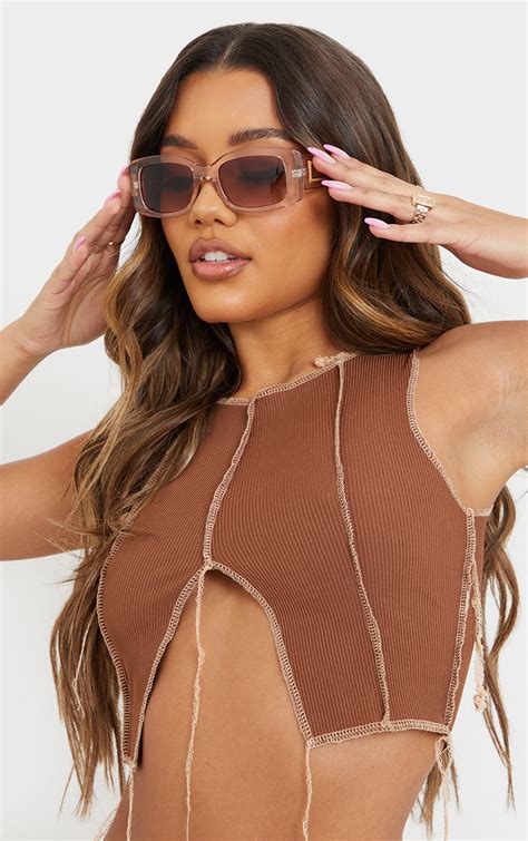 clear frame brown lens chunky square sunglasses prettylittlething ire