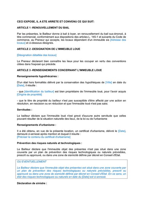 Model De Renouvellement De Bail Commercial Doc Pdf Page Sur