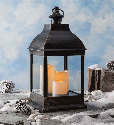 Short Outdoor Lantern With Led Candles Antique Black Plowhearth