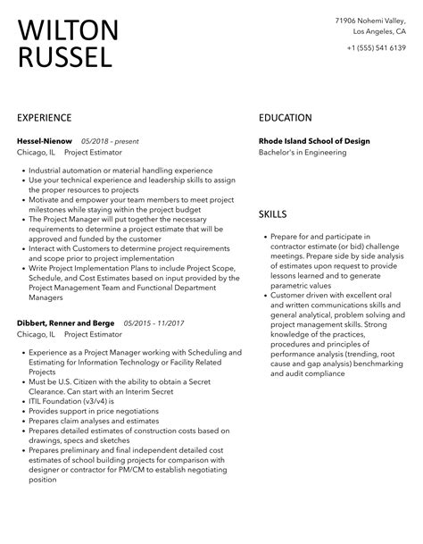 Project Estimator Resume Samples | Velvet Jobs