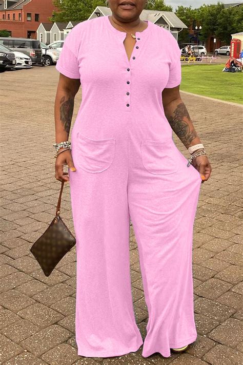 Pink Fashion Casual Solid Patchwork V Neck Plus Size Jumpsuitsplus