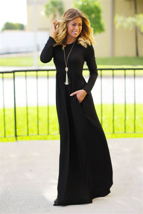 Long Sleeve Black Maxi Dress With Pockets Black Dress Saved By The