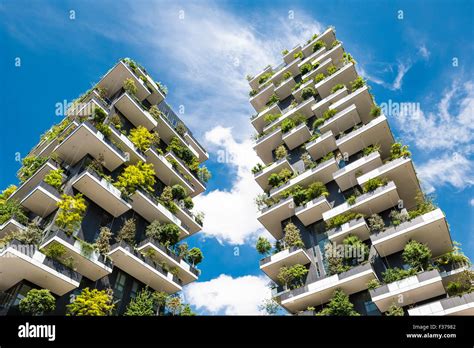 Upward View Of Balconies And Vegetation Vertical Forest Milan Italy