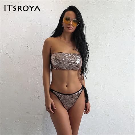 itsroya women bikini 2017 suit strapless bikinis set low waist sequins backless two piece suit