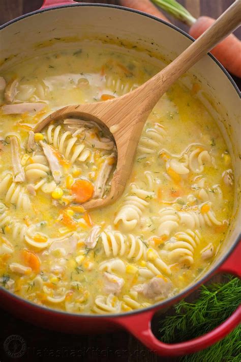 Tender chicken in a lemony broth with orzo pasta, carrots, onions, celery, and baby spinach. Creamy Chicken Noodle Soup Recipe - NatashasKitchen.com