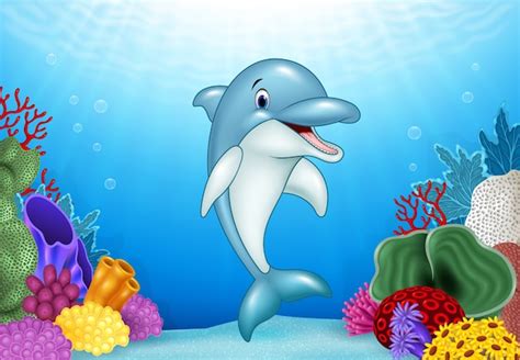 Delfín De Dibujos Animados Lindo Saltando Fuera Del Agua Vector Premium
