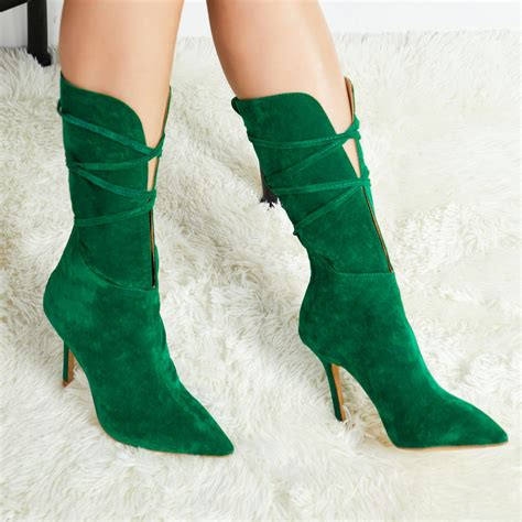 Pointed Toe Stiletto Heel Plain Lace Up Front Mid Calf Boots