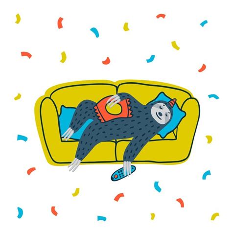 Premium Vector Lazy Sloth Party Cute Sloth Lying On The Couch With Tv