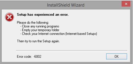 Unlike installshield's isolated script and visual environments, when you modify settings in one view, the other view changes. Installshield wizard setup has experienced an error. error code 6002 - Microsoft Community