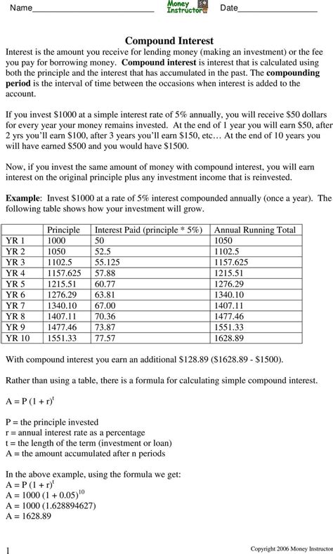 Compound Interest Worksheet Answers — Db