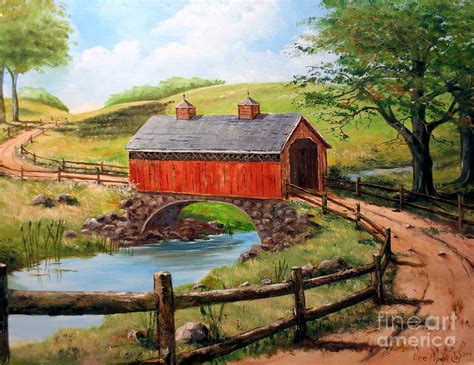 Covered Bridge Country Farm Folk Art Landscape Painting By