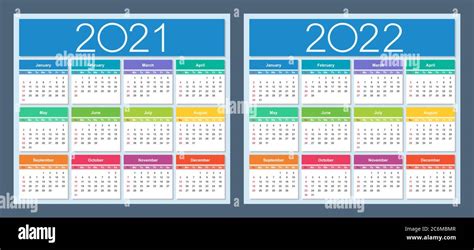 Calendar 2021 2022 Colorful Set Week Starts On Sunday Isolated