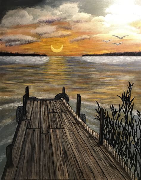 Sunset Over Water With Pier 60 16x20 Original By Theartsherpa