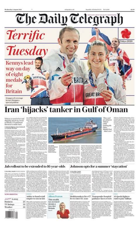 Daily Telegraph Front Page 4th Of August 2021 Tomorrow S Papers Today