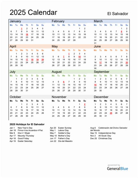 Annual Calendar 2025 With El Salvador Holidays