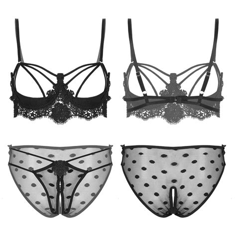 Women Underwear Sheer See Through Lace Lingerie Set Sexy Open Cup Bra