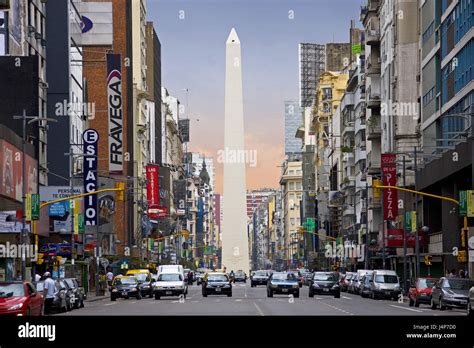Argentina Buenos Aires Avenida Corrientes Obelisk Houses Advertisement Signs Cars Stock