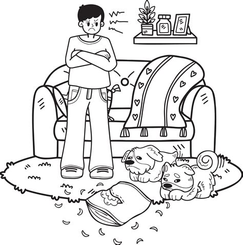 Hand Drawn owner is angry dog messed up the room illustration in doodle
