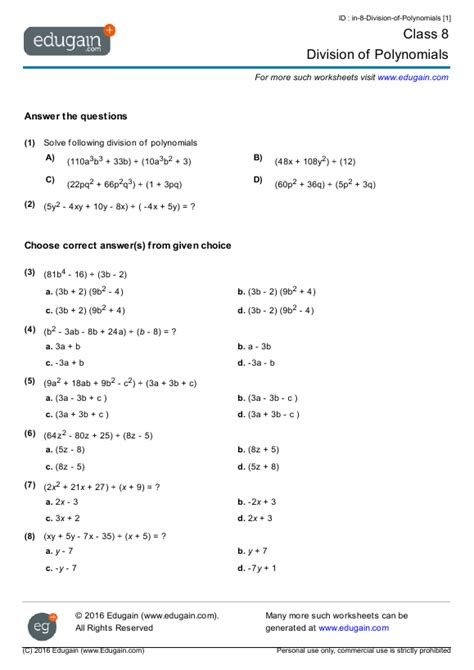 Grade 8 Division Of Polynomials Math Practice Questions Tests