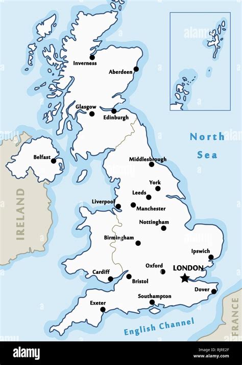 United Kingdom Map Vector Major Cities Marked On Map Of The Uk Stock