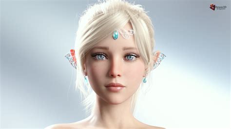 Wallpaper Dexon3d Cgi Elves Blonde Tiaras Portrait Blue Eyes Makeup Earring Simple