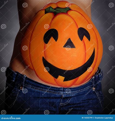 Halloween Pumpkin Painted On Belly Of Pregnant Stock Image Image Of