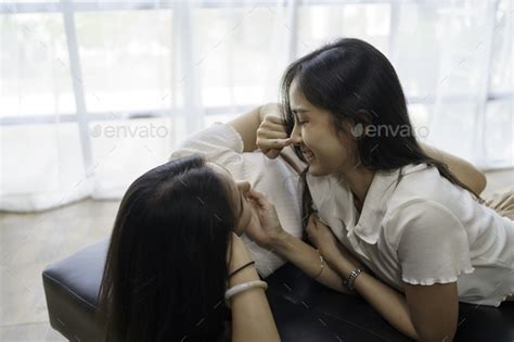 Asian Lesbian Couple Lgbtq Happy Two Young Asia Women Showing Love