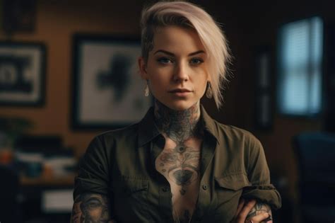 Premium Photo A Tattooed Woman With Blonde Short Haircut Standing In
