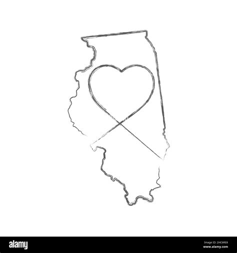 Illinois Us State Hand Drawn Pencil Sketch Outline Map With Heart Shape