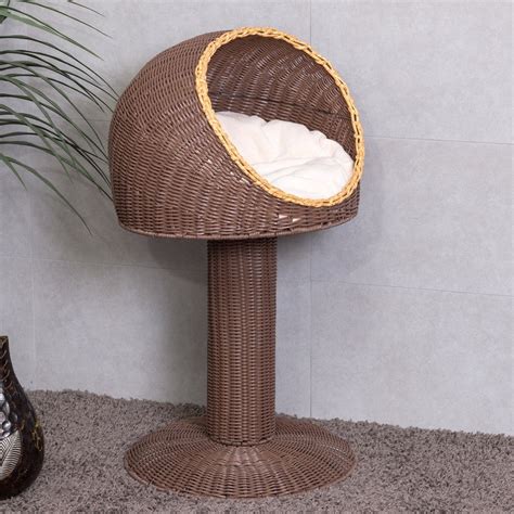 17″ Brown Elevated Rattan Cat Bed With Cushion By Choice Products
