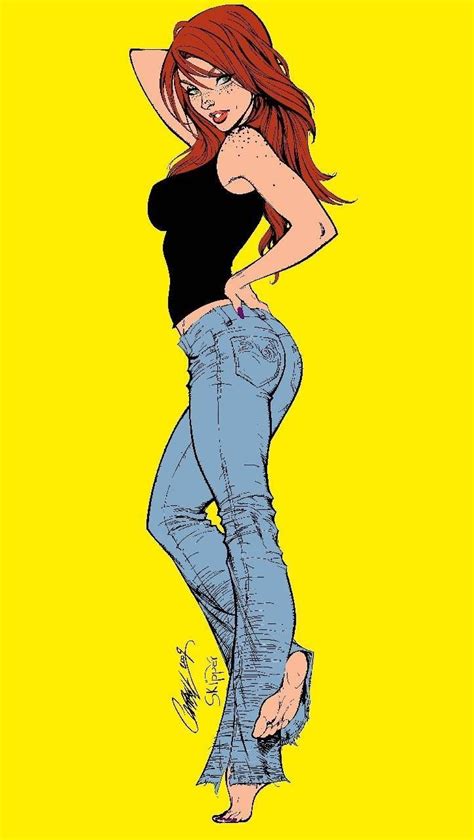 A Drawing Of A Woman With Red Hair Wearing Jeans And A Black Top Standing In Front Of A Yellow