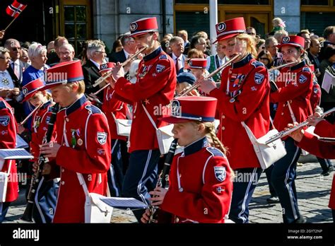 Childrens Marching Band Parade On Norwegian Constitution Day In Oslo