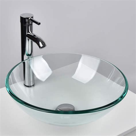 Elecwish Glass Vessel Sink With Faucet Set Bathroom Vanity Round Bowl